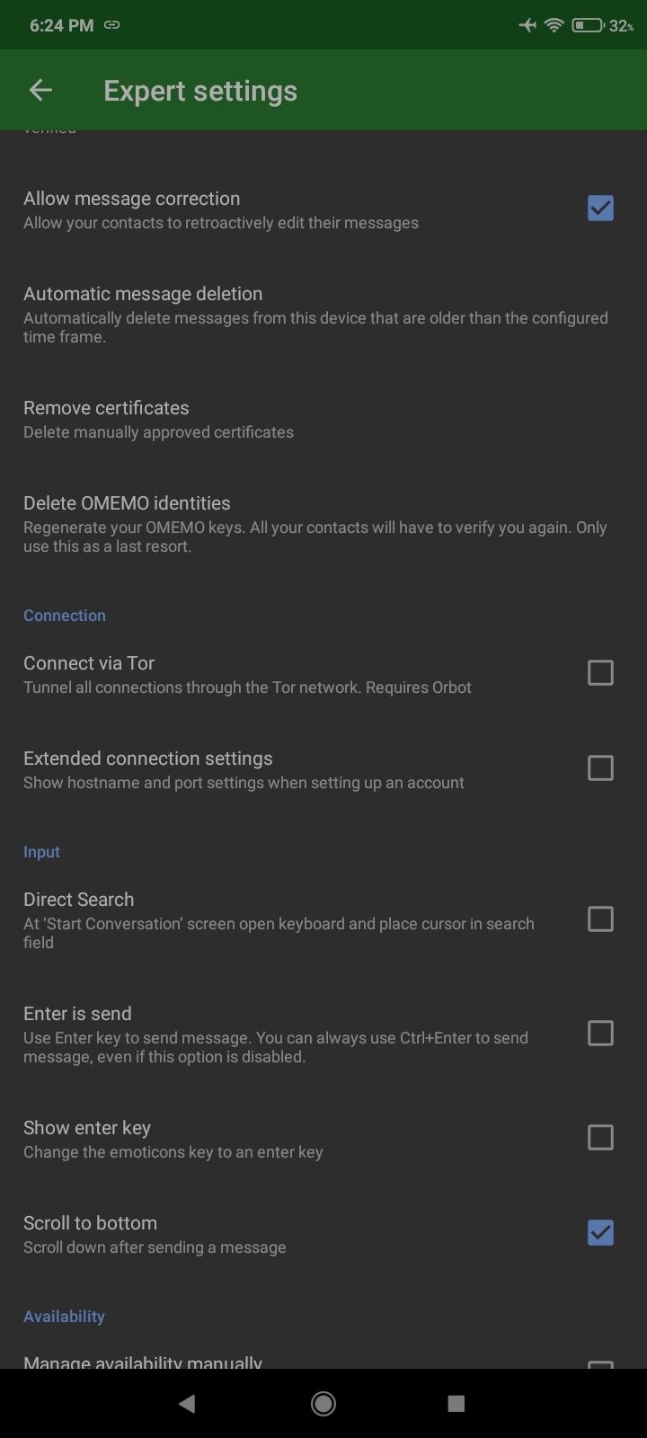 Conversations settings menu