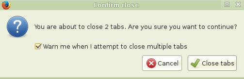 Firefox showing the warning after trying to close multiple tabs