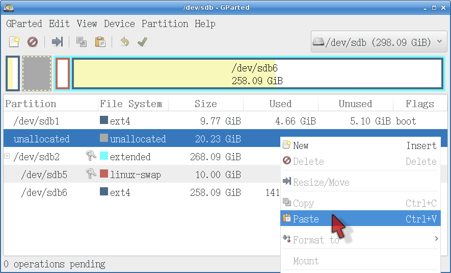 Pasting a partition in GParted