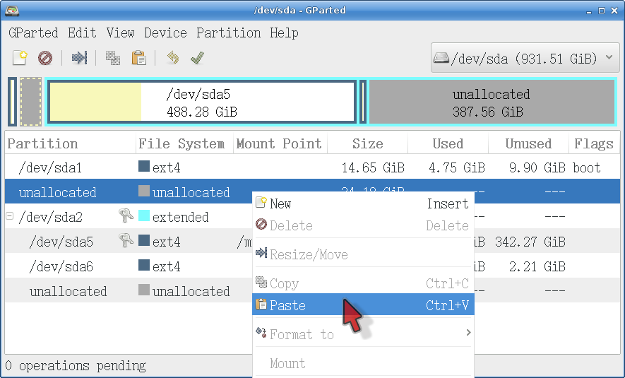 Pasting a partition in GParted