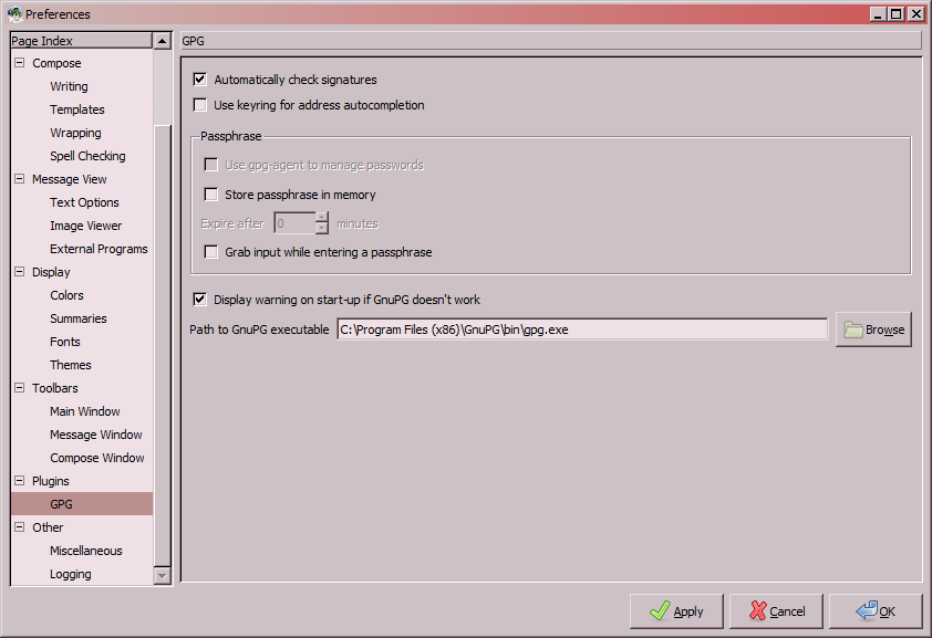 Specifying the path to gpg.exe in Claws Mail