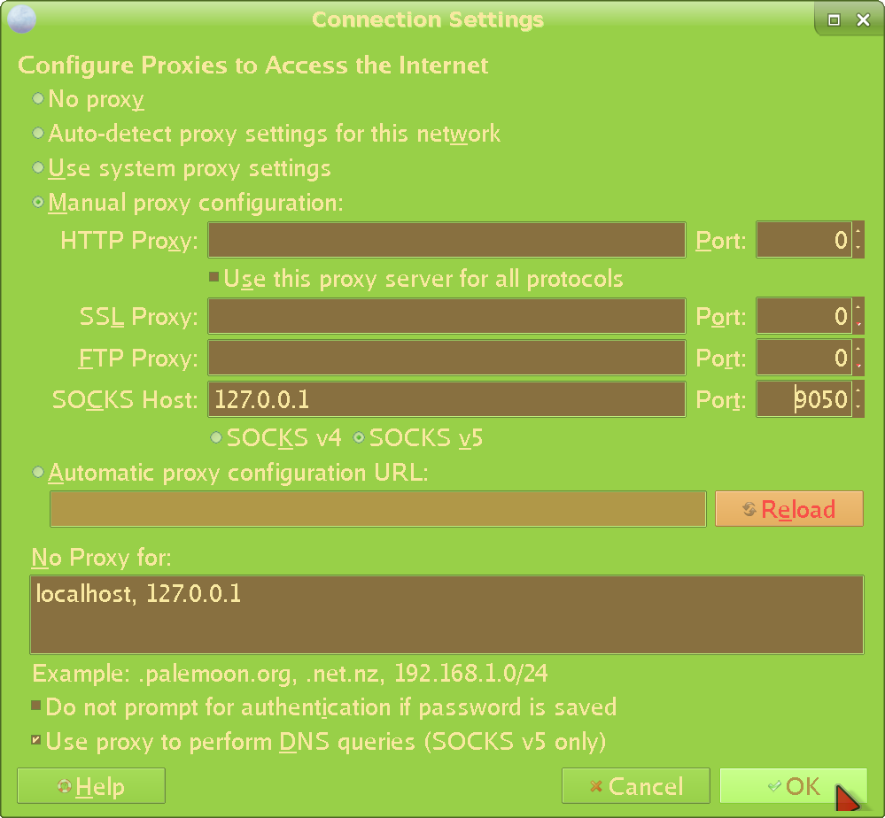 Proxy settings properly configured in Pale Moon