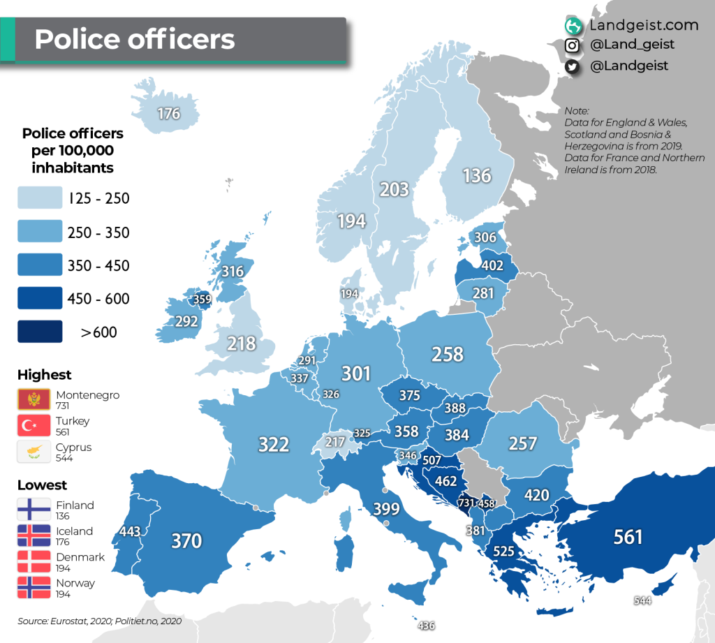 Map of police officers per european country 