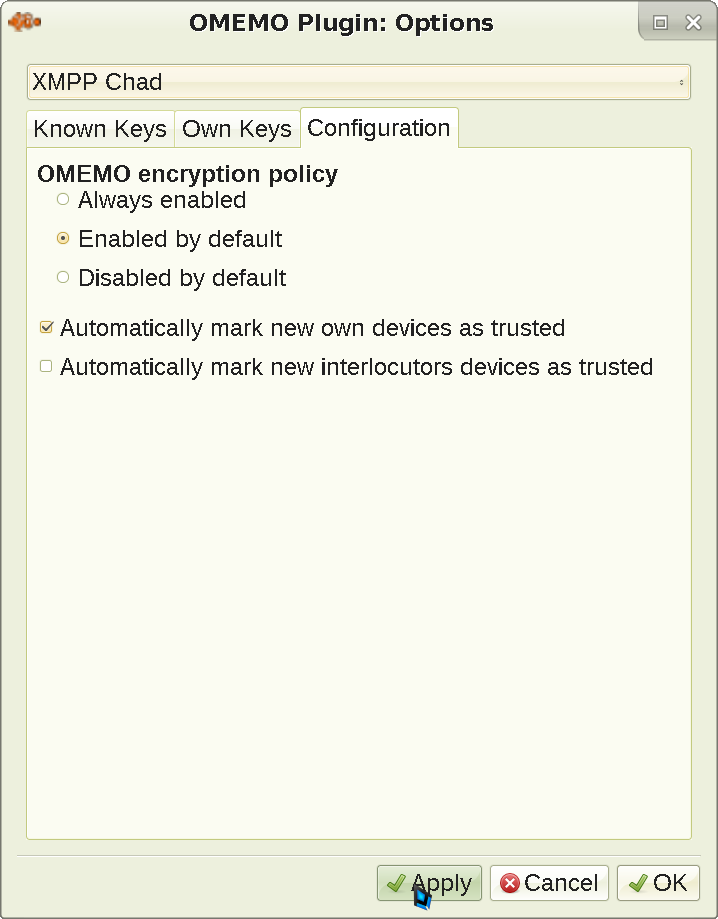 Showing the OMEMO plugin settings menu in Psi+