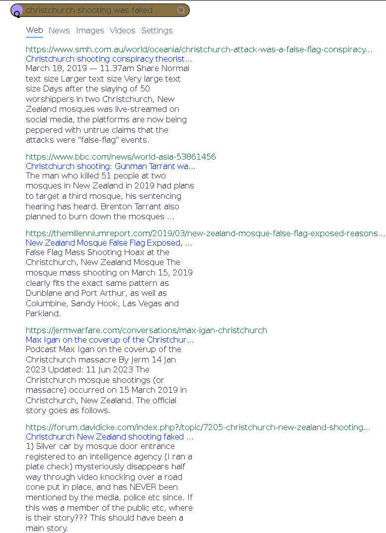 Qwant results for the query 'Christchurch shooting was faked. Three conspiracy results included, one attack, and one news report.