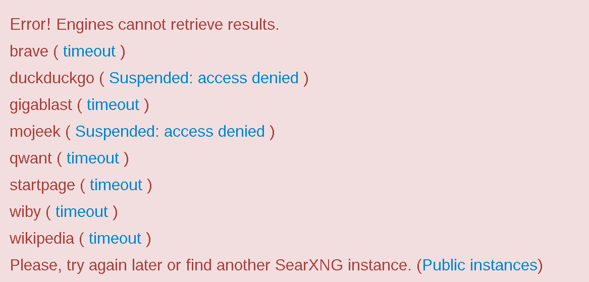Showing SearX being denied by several search engines